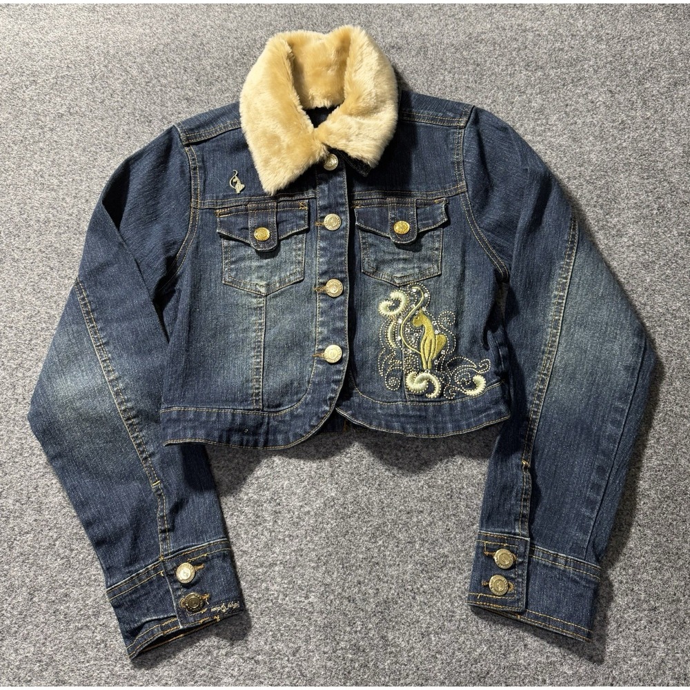 Vintage Y2K Baby Phat‎ Embroidered Cropped Denim Jacket Girlz Faux Fur Collar L